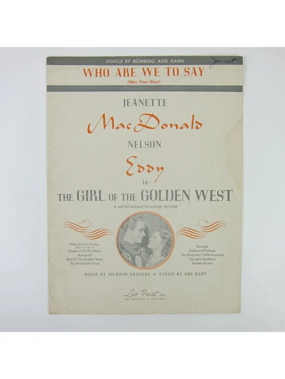 Sheet Music Who Are We To Say Girl of the Golden West Jeanette MacDonald 1938